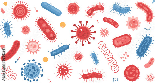 Cartoon bacteria and viruses set colorful microbiology germs microbes infection pathogens medical science illustration healthcare biology design collection vector