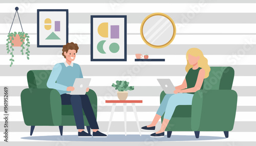 Two people in an office setting working on laptops while sitting in comfortable armchairs in a modern room