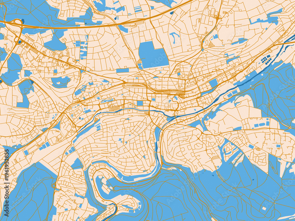 Fototapeta premium Minimal city map of Pforzheim, Germany with golden linework with blue water