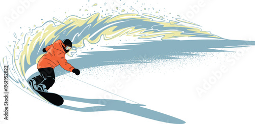Dynamic snowboarder carving through snow wave winter sport action extreme freestyle skiing adventure motion energy illustration concept