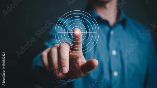 Hand interacting with a single tracking radar hologram icon 