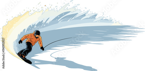 Dynamic snowboarder carving through snow wave winter sport action extreme skiing adventure freestyle motion illustration energy concept