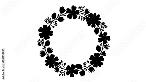 Black floral wreath silhouette on white background