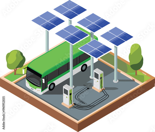 Electric bus charging at solar powered station highlighting renewable energy usage sustainable public transport infrastructure and eco friendly urban mobility concept