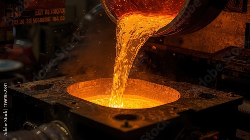 Melting gold pouring into mold, refinery process