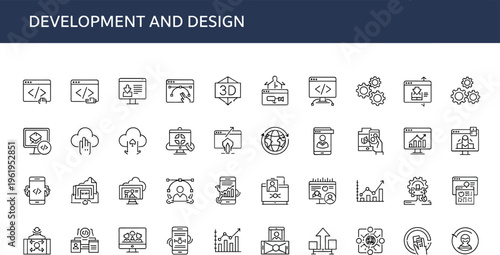 Development and design line icon set featuring programming coding UI UX analytics software engineering symbols outline vector collection technology