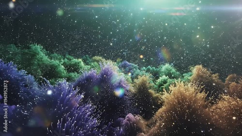 Vibrant Light Bursts and Floating Particles in Ocean Dreamscape.