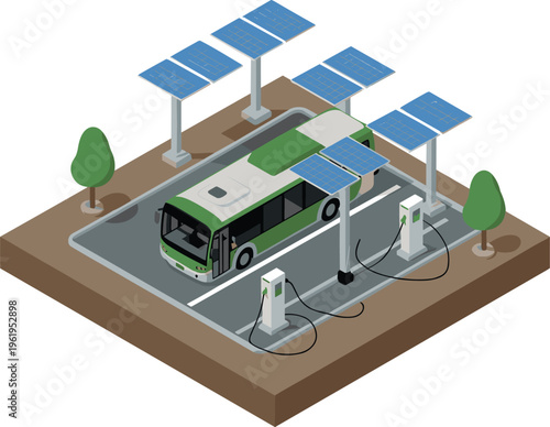 Electric bus charging station with solar panels, green transportation infrastructure, renewable energy concept, eco friendly public transport isometric illustration design