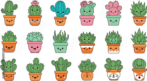 Cute cactus and succulent plants in pots with funny faces, kawaii houseplants collection vector illustration for nursery decor, stickers, prints and design