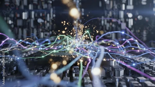 Vibrant Network Lights Spark Through Digital Cables Visualized.