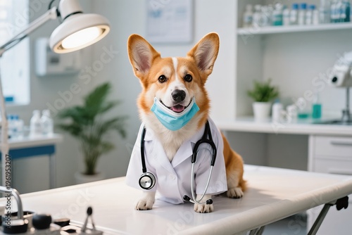 A charming corgi dressed as a friendly veterinarian in a clinic setting, eagerly ready to assist all pets
