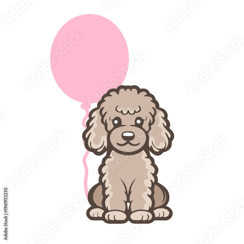 A cute cartoon poodle dog holding a pink balloon in a minimalist vector illustration