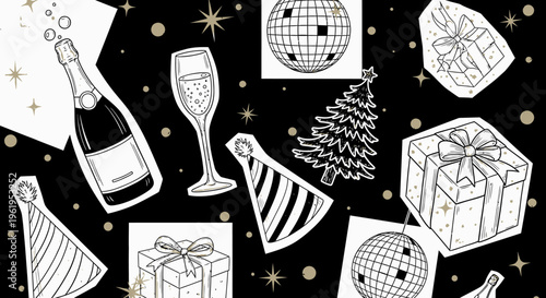New Year's Eve celebration icons and symbols.