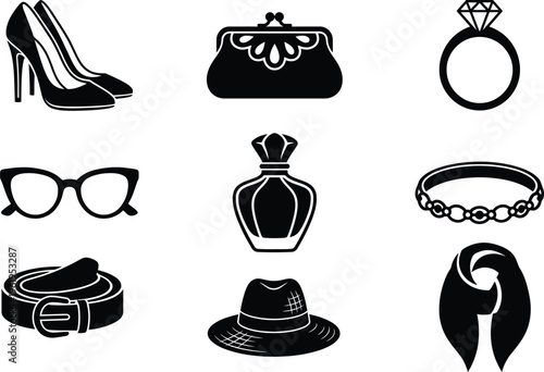 Black silhouette of heels clutch ring eyeglasses perfume bottle bracelet belt fedora hat and scarf pumps