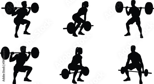 Fitness silhouette vector of men and women performing barbell squats and deadlifts, strength training exercise poses for gym workout illustration