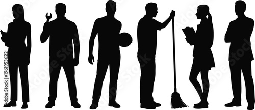 cupational silhouettes, diverse professions, workplace activity figures, business attire roles, daily task illustration, career diversity concept, professional lifestyle, job representation scene