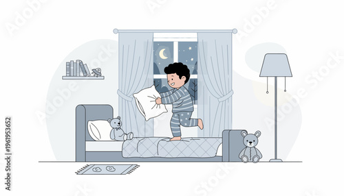 A joyful young boy in pajamas energetically jumping on his bed with a pillow, embracing a moment of playful nighttime fun