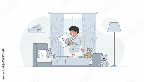 Child's bedtime story time, a young boy jumping on his bed with teddy bears and a book