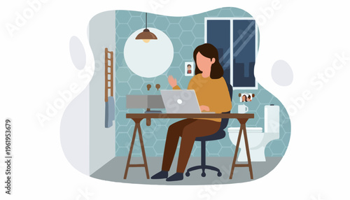 Remote work flexibility a dedicated woman works diligently on her laptop from an unconventional home office, embracing modern employment and resourceful space utilization during her workday