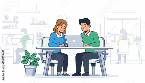 Diverse colleagues collaborate on a project using a laptop in a modern office setting