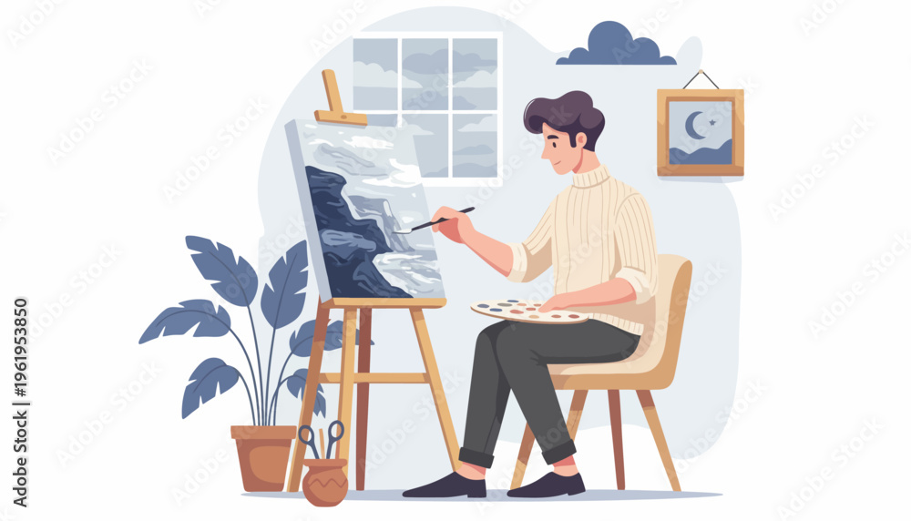 Fototapeta premium Artist painting a landscape on a canvas on an easel in a studio with plants and a window