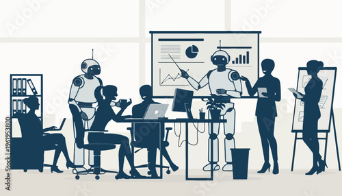 Robots and humans collaborate in a futuristic office, presenting data and discussing business strategies, symbolizing AI integration and the evolution of the modern workplace