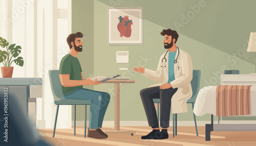 Doctor-patient consultation in a medical clinic, discussing health and treatment options with a heart diagram on the wall