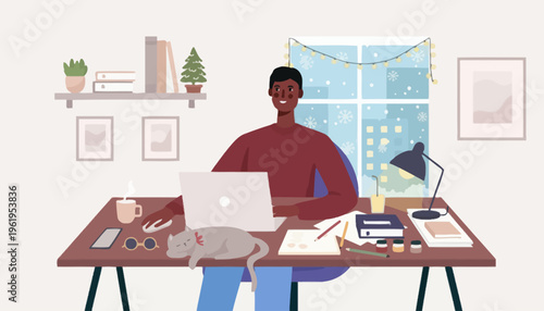 Productive individual focused on work from a festive home office, a cat napping nearby, cozy winter window scene