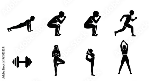 Fitness Icons: Exercise Silhouettes, Dumbbell, Yoga Poses, Running, Plank, Squat