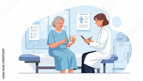 Medical professional consults senior patient about health concerns, offering professional advice during a clinic check-up for wellness and comprehensive healthcare