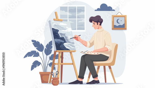 Artist painting a landscape on a canvas on an easel in a studio with plants and a window