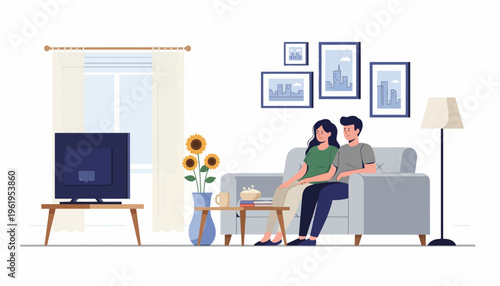 Happy couple enjoying a cozy evening at home, relaxing on the sofa in their modern living room, watching television and spending quality time together in a peaceful domestic setting