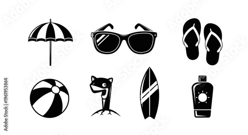Summer Beach Vacation Icon Set: Umbrella, Sunglasses, Flip Flops, Ball, Surfboard, Sunscreen