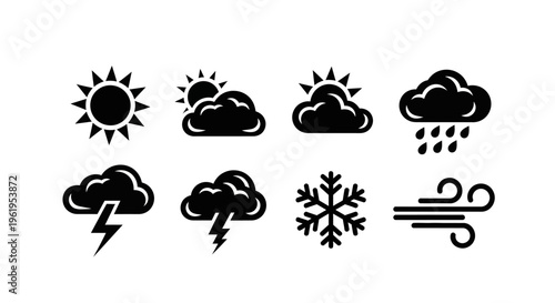 Weather Icons Set: Sun, Clouds, Rain, Snow, Lightning, Wind