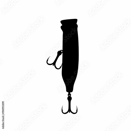 Black vector silhouette of a fishing hook with fake fish bait on a white background. Great for fishing logos.
