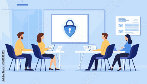 Cybersecurity training session in a modern office setting with employees learning about data protection and network security protocols
