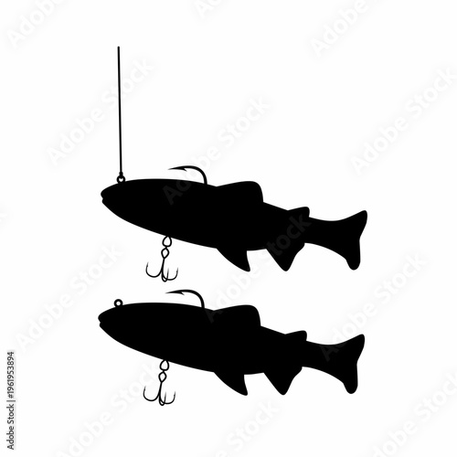 Vector illustration of a fishing hook with a fake fish bait and a fishing line on a white background. Concept of fishing equipment for sea and lake fishing.