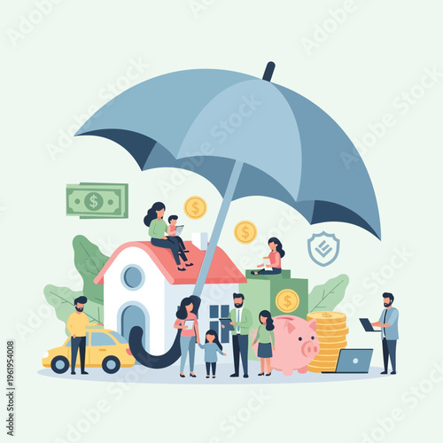 Family Protection Insurance Concept with Umbrella.