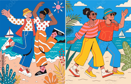 Bright illustration of a happy summer couple dancing on a tropical beach under palm trees by the sea. Flat design style, atmosphere of rest, relaxation and active longevity.