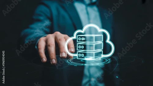 Hand interacting with floating holographic cloud server interface icon 