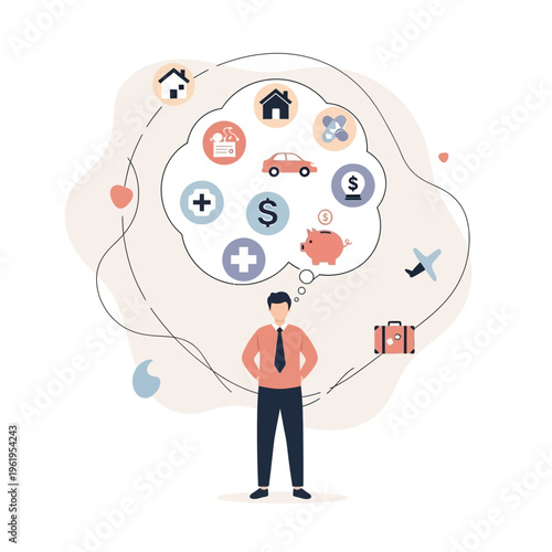 Man with Thought Bubble Showing Life Choices.