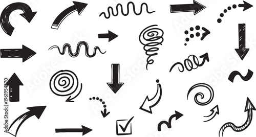 Hand-Drawn Black Curly Swirl Arrow and Spiral Doodle Vector Set