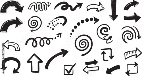 Hand-Drawn Black Curly Swirl Arrow and Spiral Doodle Vector Set