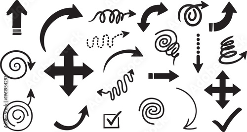 Hand-Drawn Black Curly Swirl Arrow and Spiral Doodle Vector Set