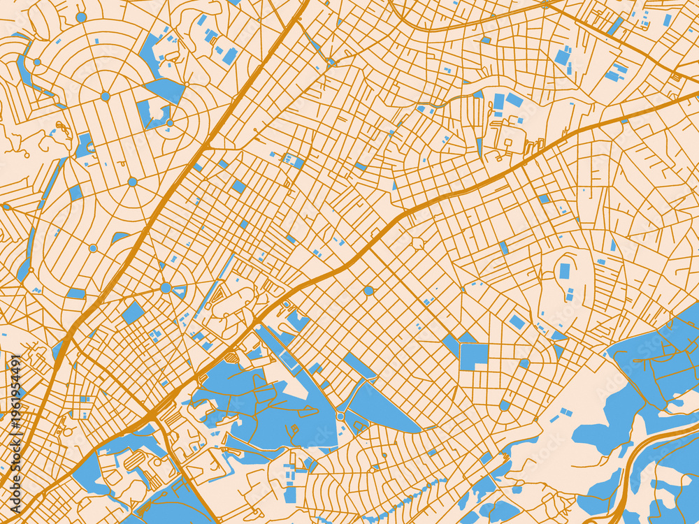 Obraz premium Cartographic city illustration of Zografos, Greece — warm cream background with golden road lines and bright blue water in a clean flat cartographic style