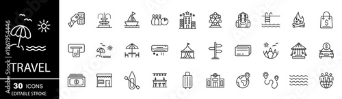 Vacation line icons. Collection of travel and vacation icons. Editable stroke. Vector illustration