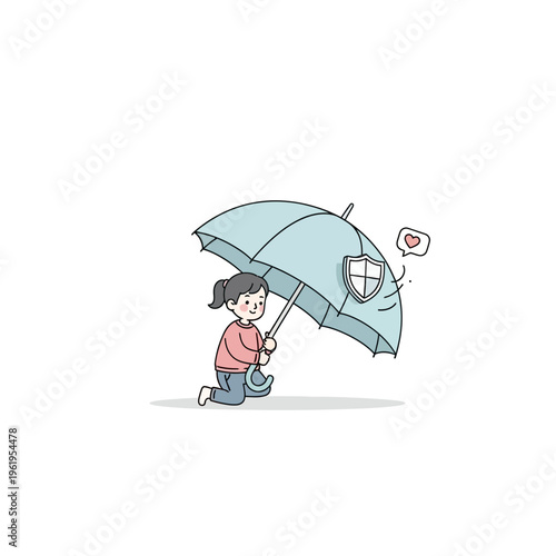 Young Girl Holding Torn Umbrella Kneeling Down.