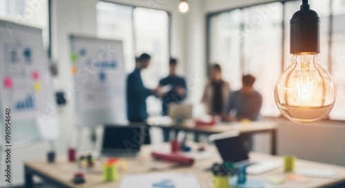 Creative team brainstorming in modern office with warm lighting and whiteboard
