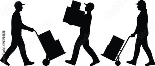 Delivery worker silhouettes, logistics teamwork, box carrying figures, hand truck pushing, physical labor concept, shipping service illustration, warehouse activity, moving job scene