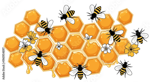Bees on a honeycomb with flowers and honey